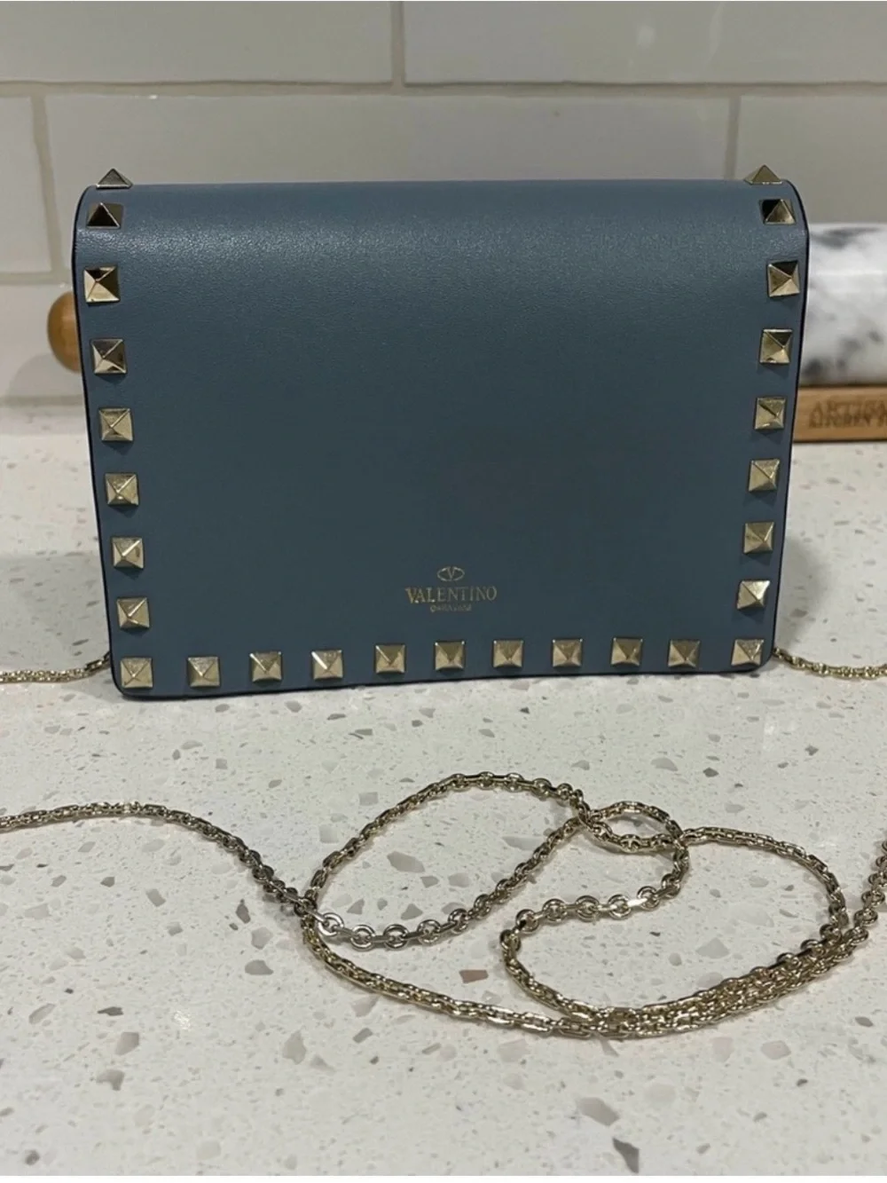Valentino Garavani authentic Slate Blue Rockstud Crossbody with Gold Chain